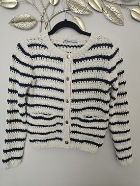 Zara Cream and Navy Striped Open-Knit Cardigan with Gold Buttons Size S